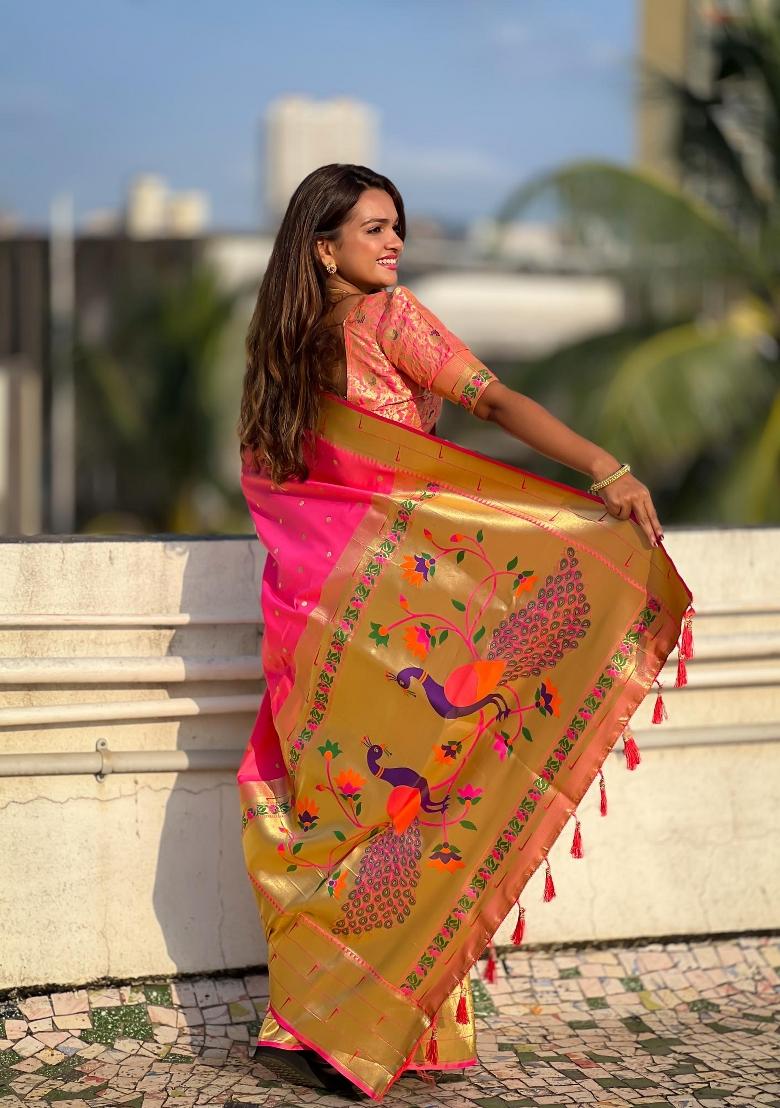 Pink Zari Woven Silk Saree Set - Indya