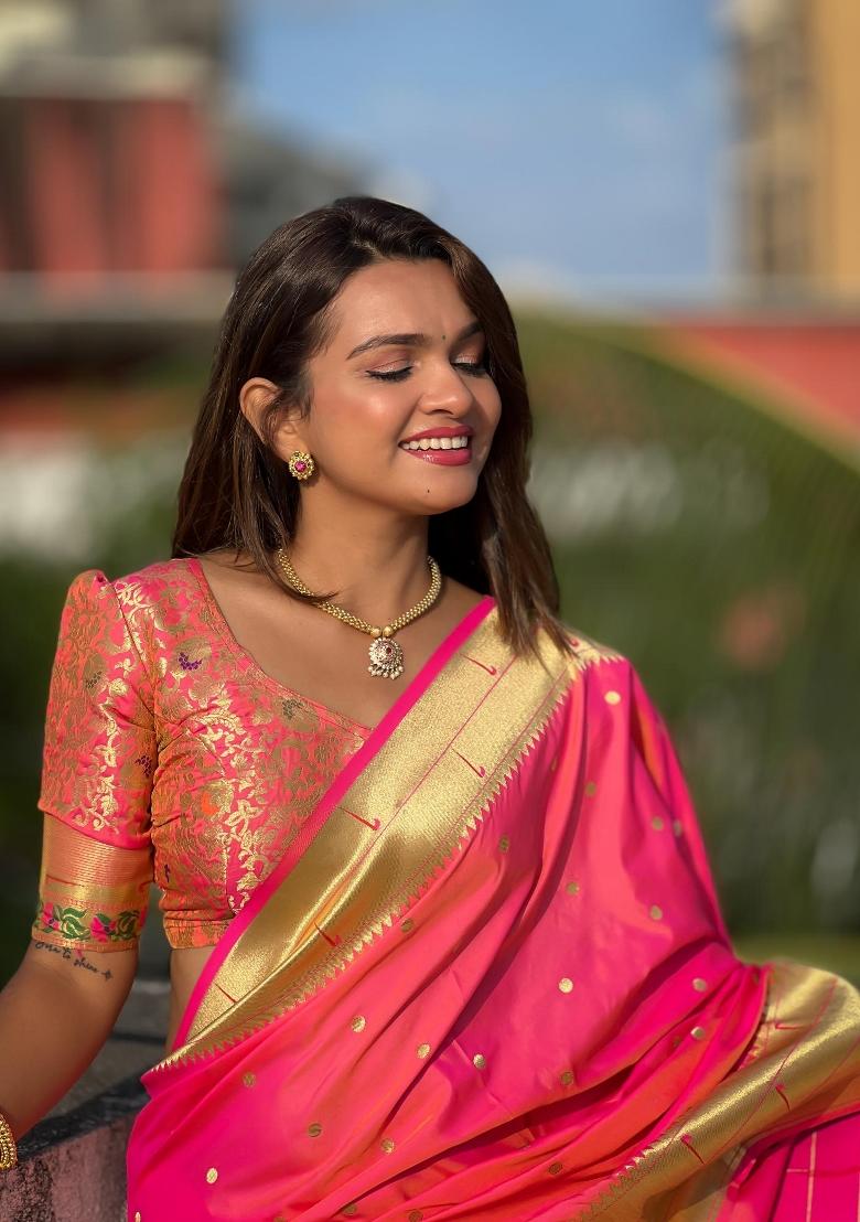 Pink Zari Woven Silk Saree Set - Indya