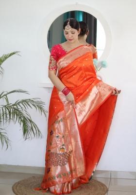 Orange Zari Woven Silk Saree Set