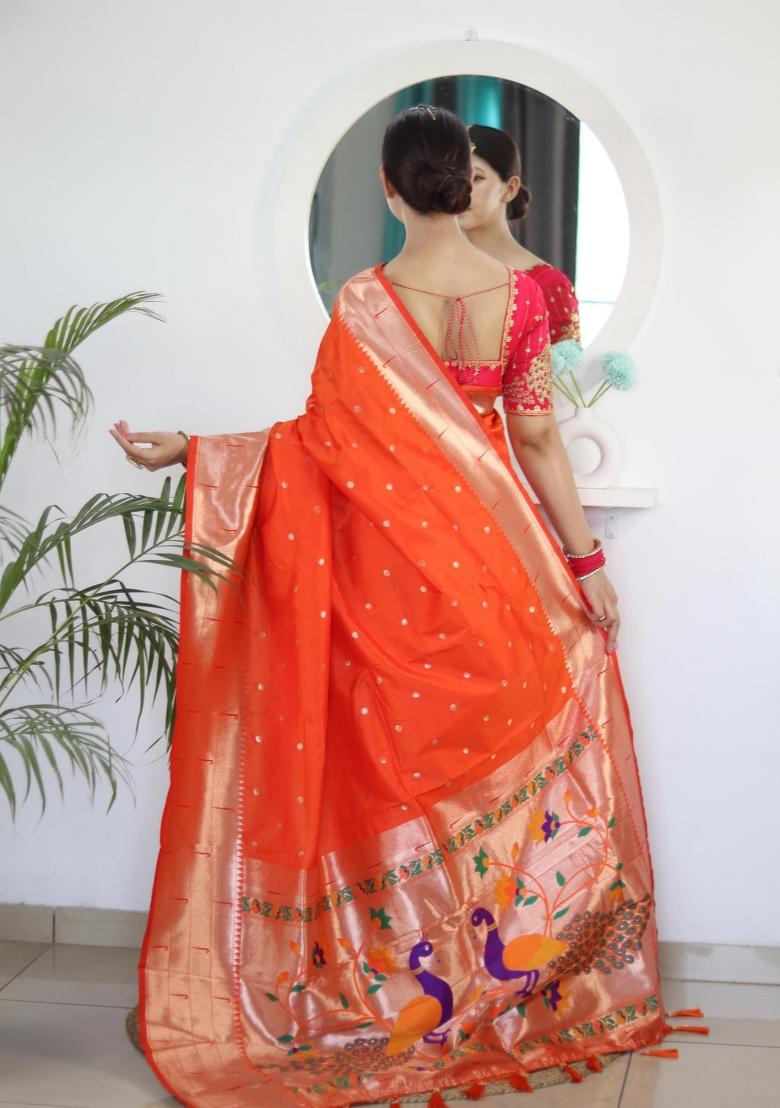 Orange Zari Woven Silk Saree Set - Indya