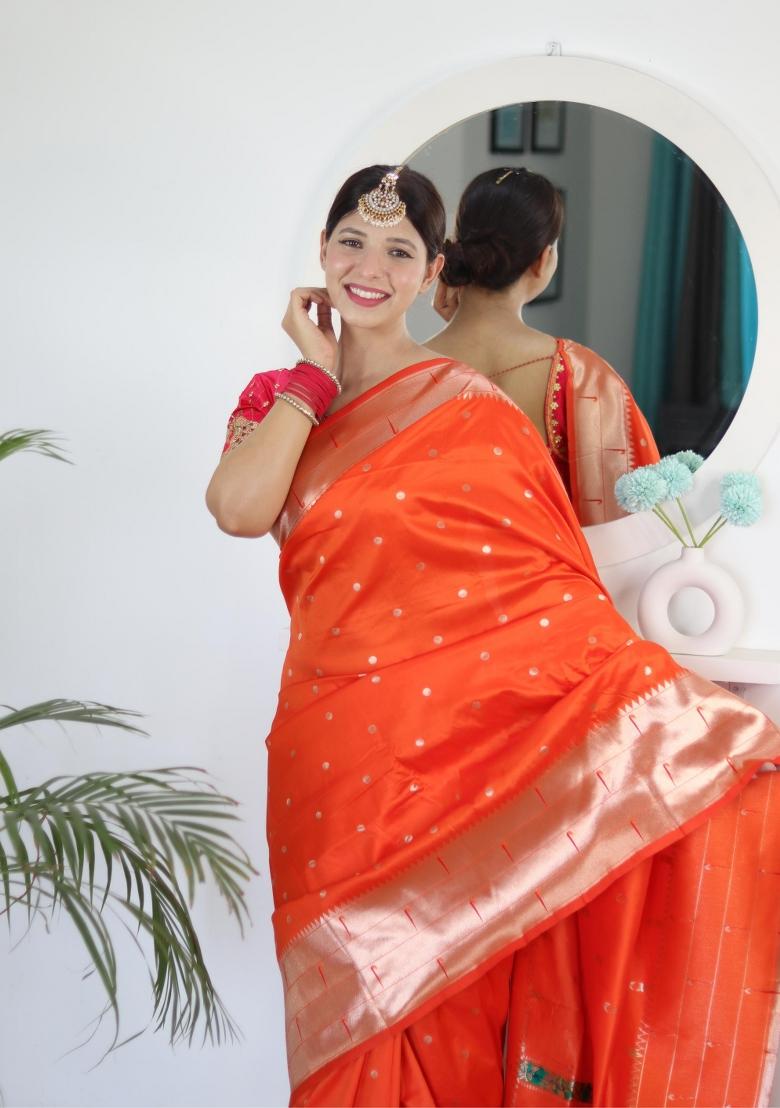 Orange Zari Woven Silk Saree Set - Indya