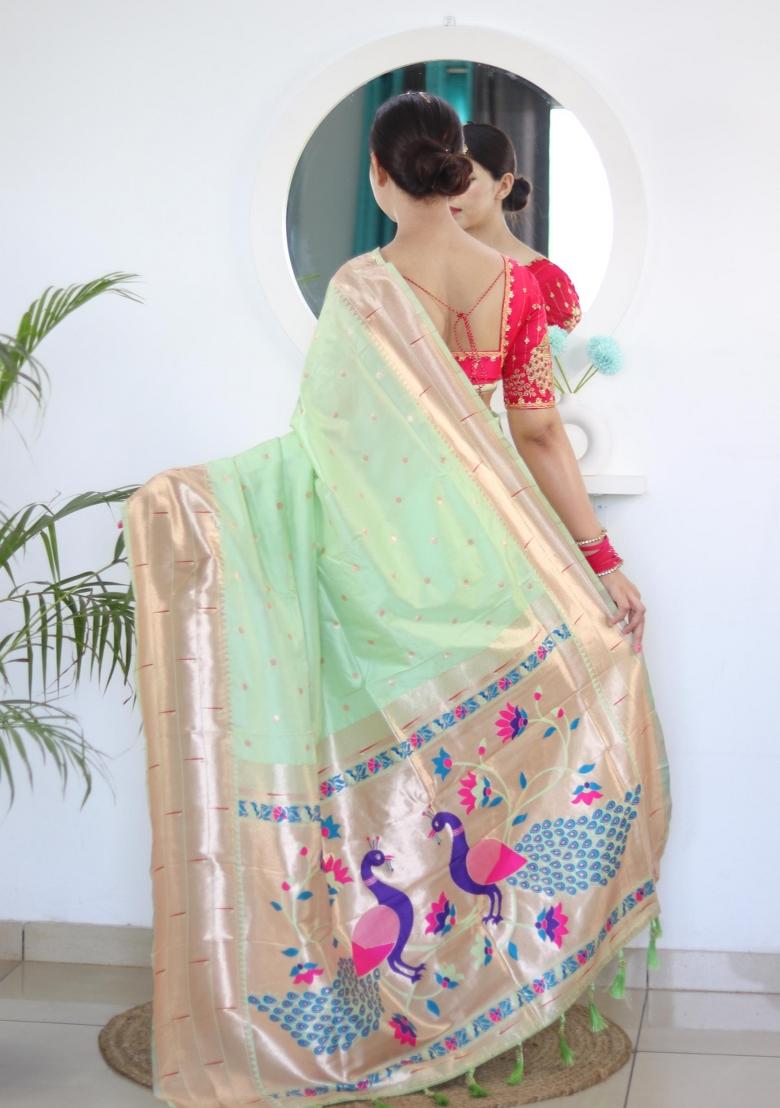 Green Zari Woven Silk Saree Set - Indya