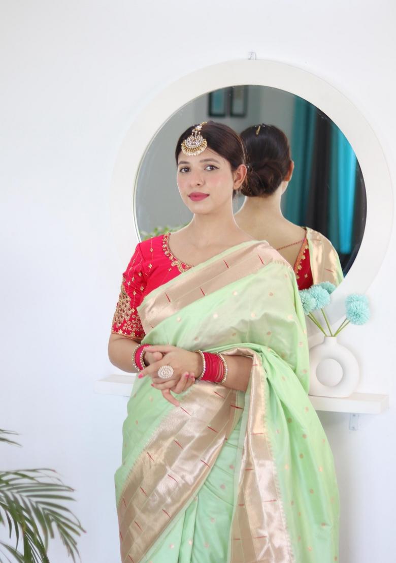 Green Zari Woven Silk Saree Set - Indya