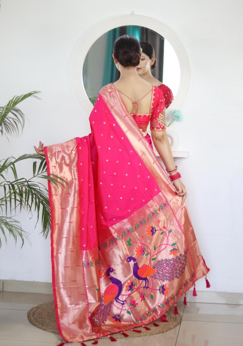 Pink Zari Woven Silk Saree Set - Indya