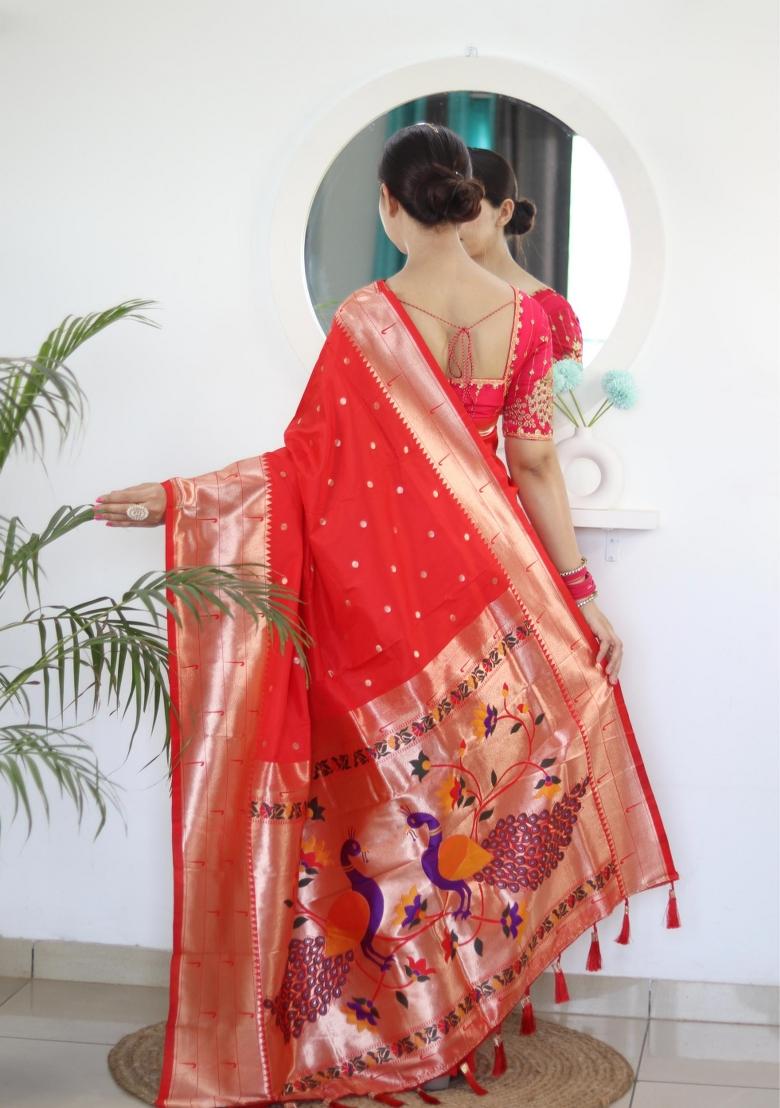 Red Zari Woven Silk Saree Set - Indya