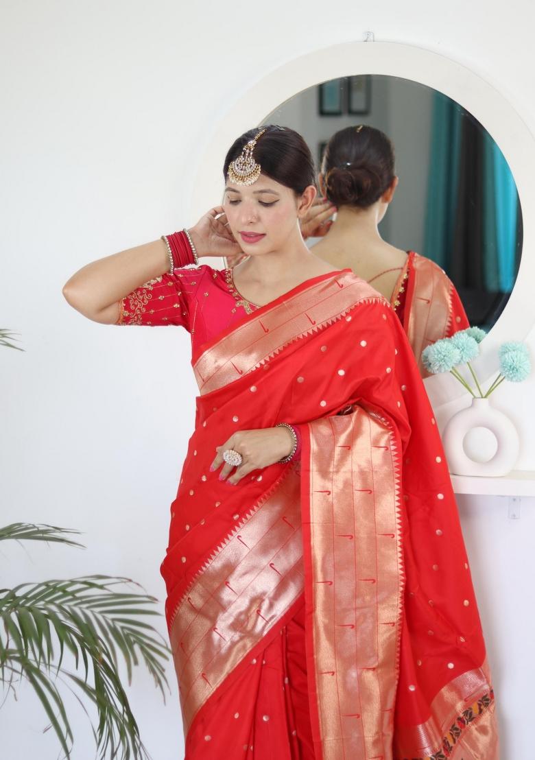 Red Zari Woven Silk Saree Set - Indya