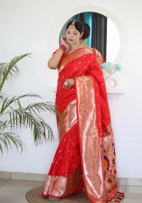 Red Zari Woven Silk Saree Set — view on Indya