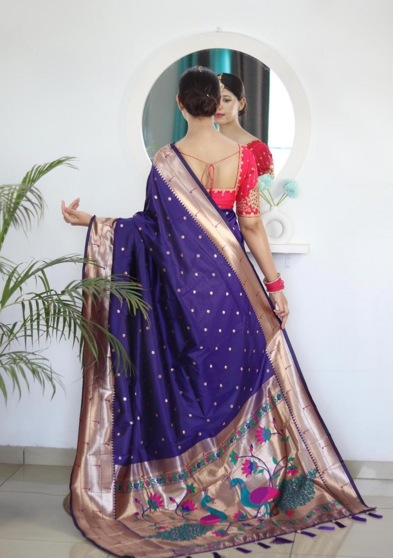 Violet Zari Woven Silk Saree Set - Indya