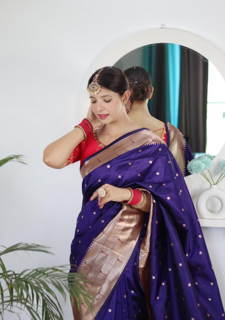 Violet Zari Woven Silk Saree Set - Indya