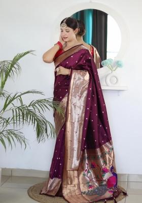 Wine Zari Woven Silk Saree Set