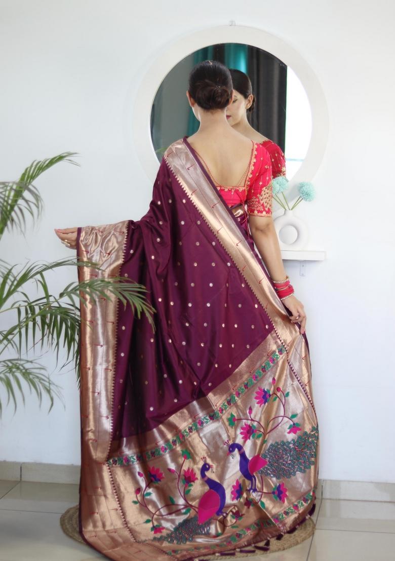 Wine Zari Woven Silk Saree Set - Indya