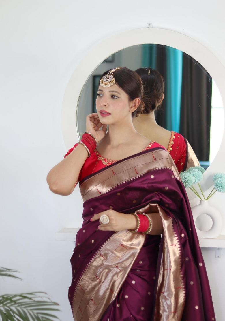 Wine Zari Woven Silk Saree Set - Indya