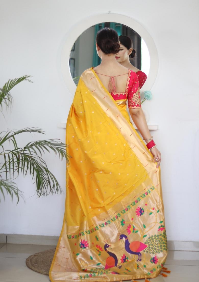 Yellow Zari Woven Silk Saree Set - Indya