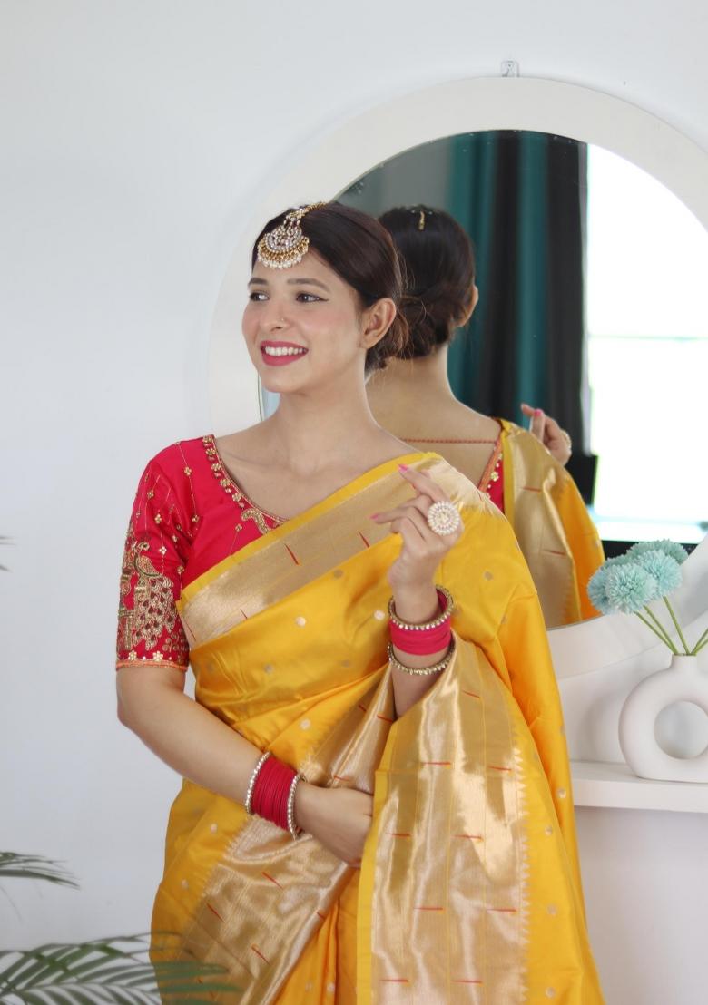 Yellow Zari Woven Silk Saree Set - Indya