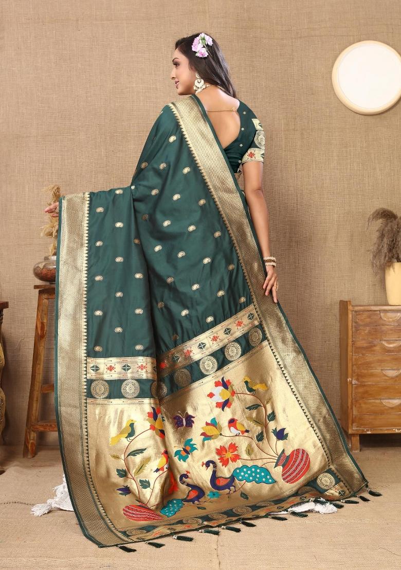 Green Zari Woven Silk Saree Set - Indya