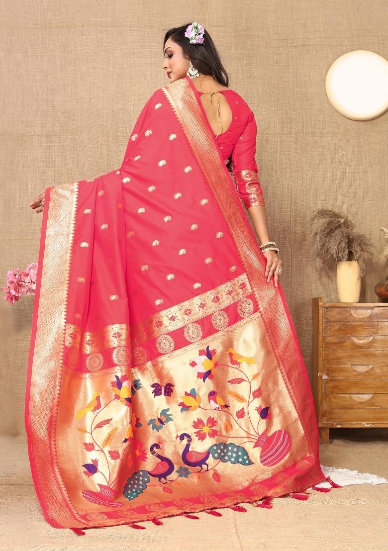 Light Pink Zari Woven Silk Saree Set - Indya