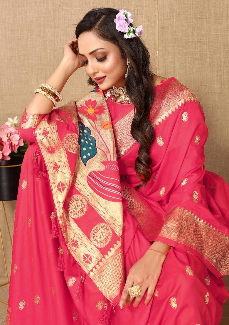 Light Pink Zari Woven Silk Saree Set - Indya