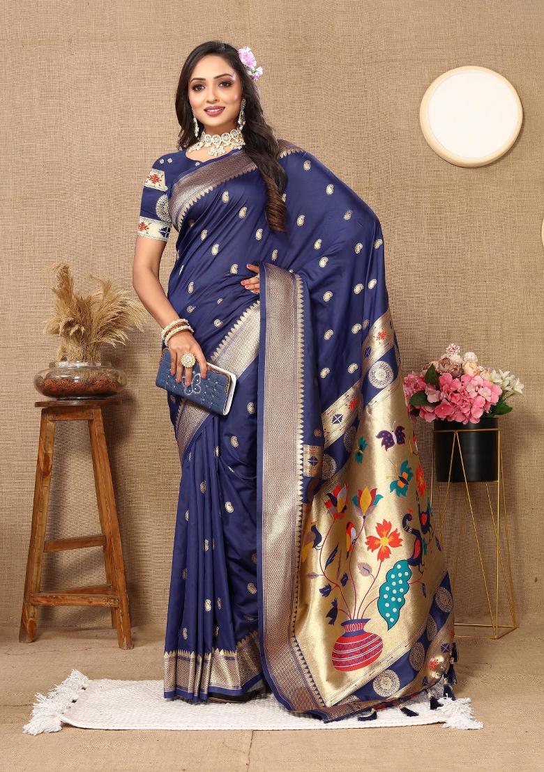 Navy Blue Zari Woven Silk Saree Set - Indya
