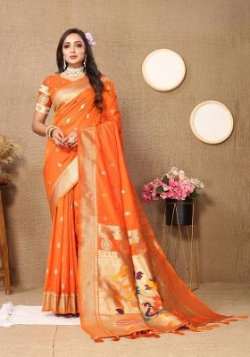 Orange Zari Woven Silk Saree Set