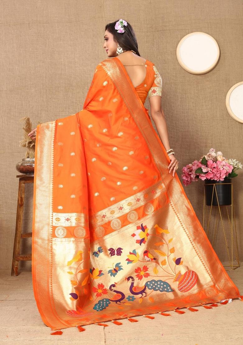 Orange Zari Woven Silk Saree Set - Indya