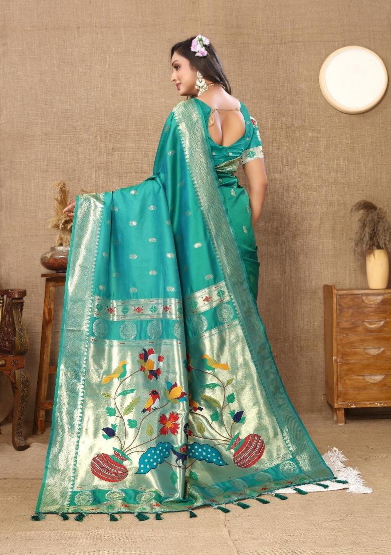 Rama Green Zari Woven Silk Saree Set - Indya