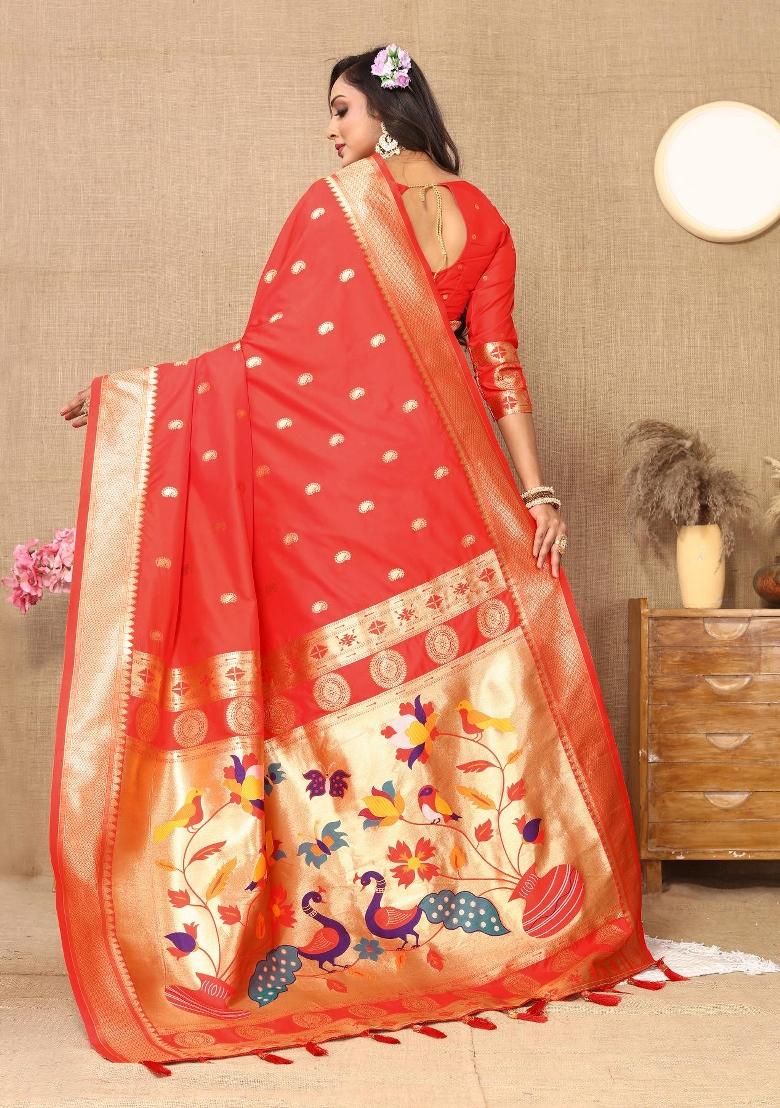 Red Zari Woven Silk Saree Set - Indya
