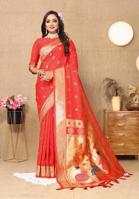 Red Zari Woven Silk Saree Set — view on Indya