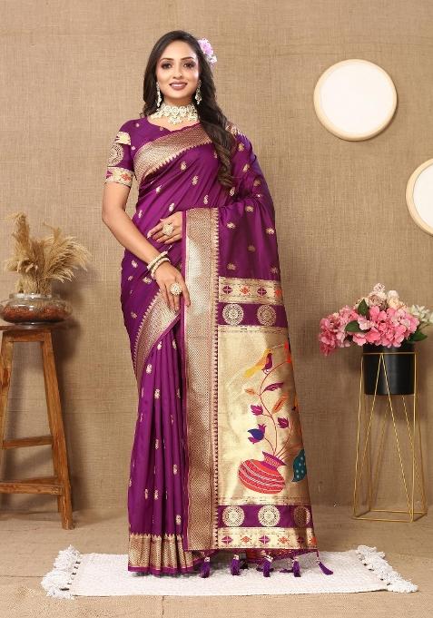 Wine Zari Woven Silk Saree Set — view on Indya