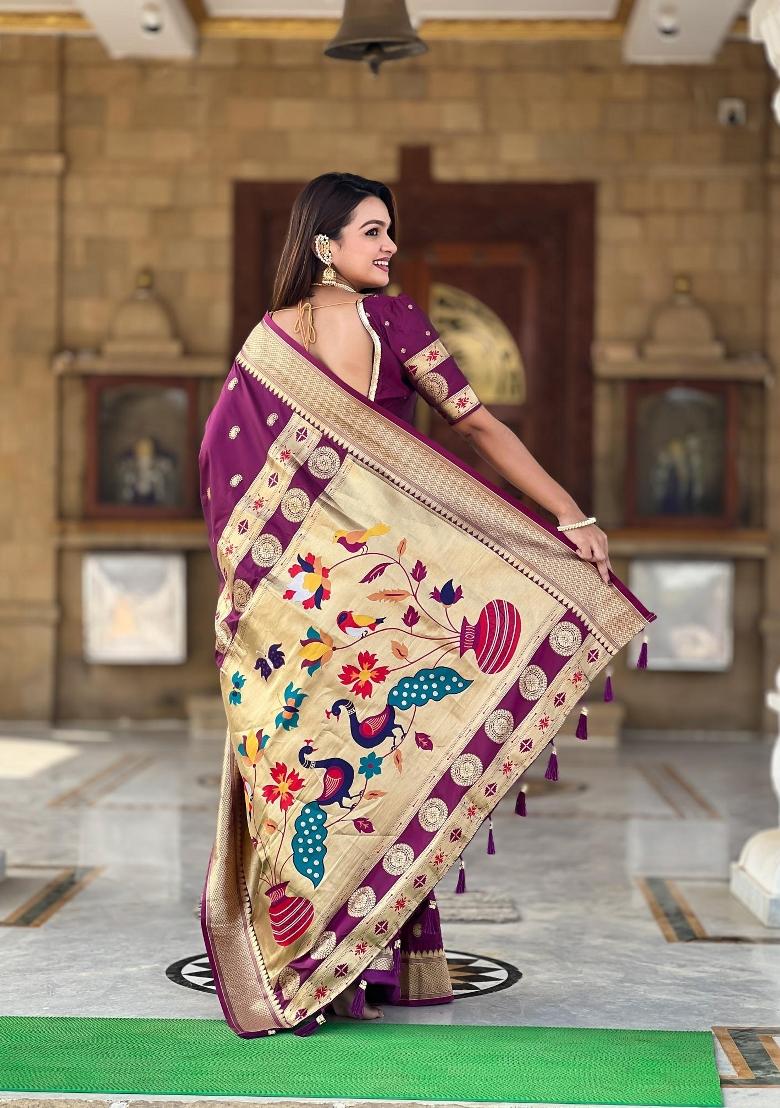 Wine Zari Woven Silk Saree Set - Indya