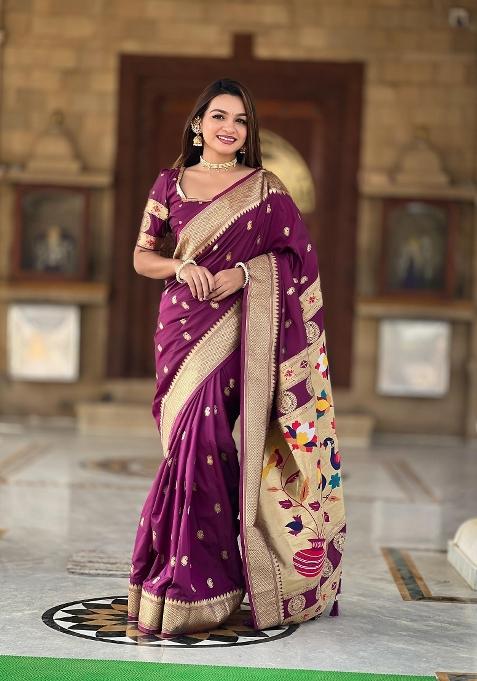 Wine Zari Woven Silk Saree Set