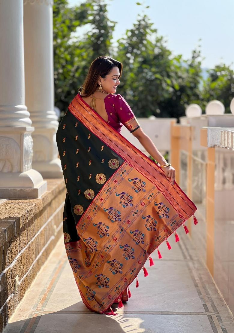 Green Zari Woven Silk Saree Set - Indya