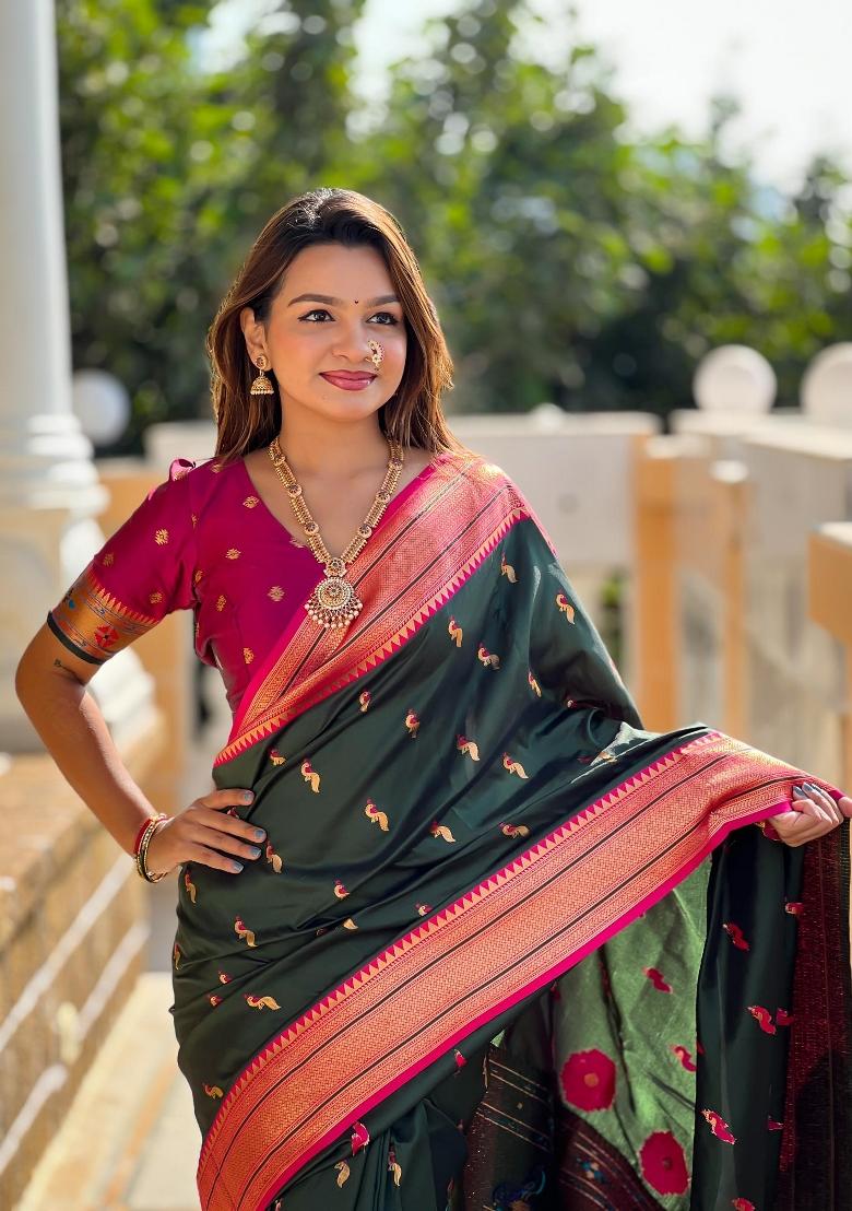 Green Zari Woven Silk Saree Set - Indya