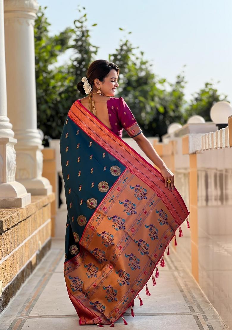 Turquoise Zari Woven Silk Saree Set - Indya