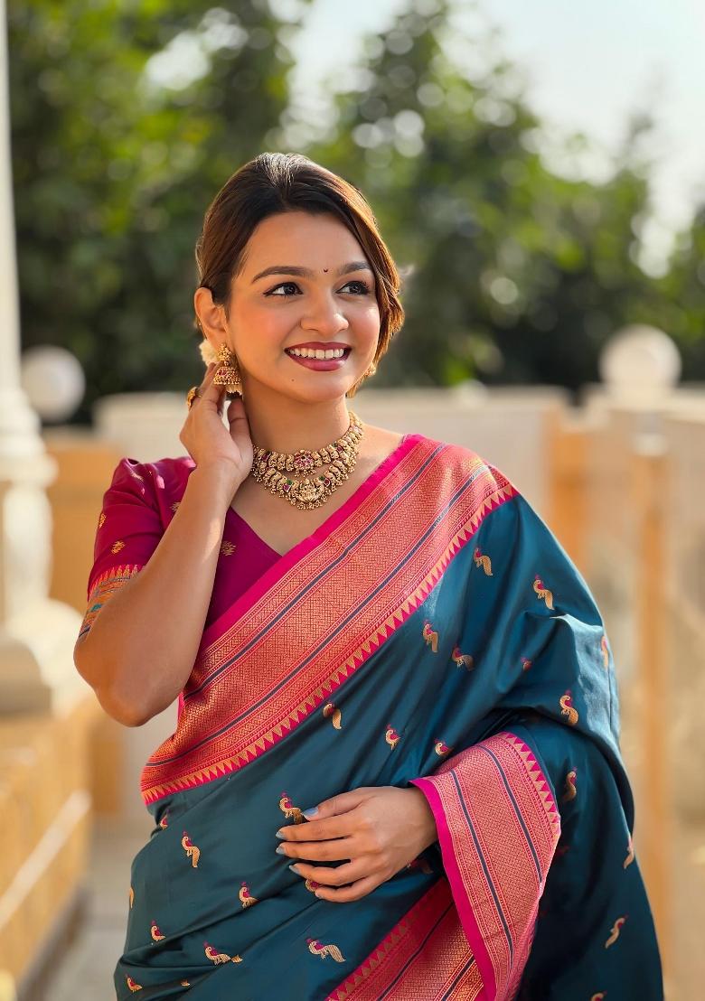 Turquoise Zari Woven Silk Saree Set - Indya