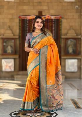 Mustard Zari Woven Silk Saree Set