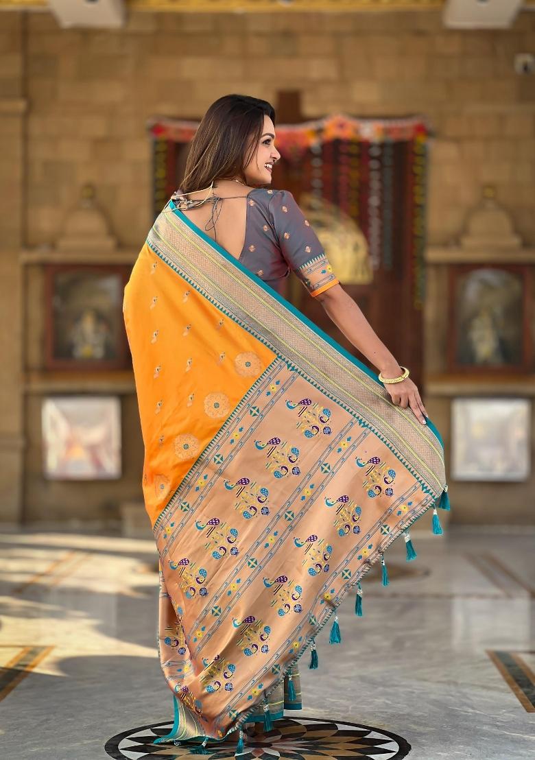 Mustard Zari Woven Silk Saree Set - Indya