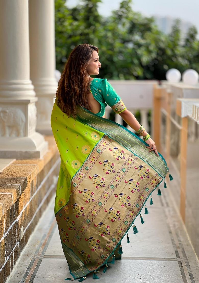 Green Zari Woven Silk Saree Set - Indya