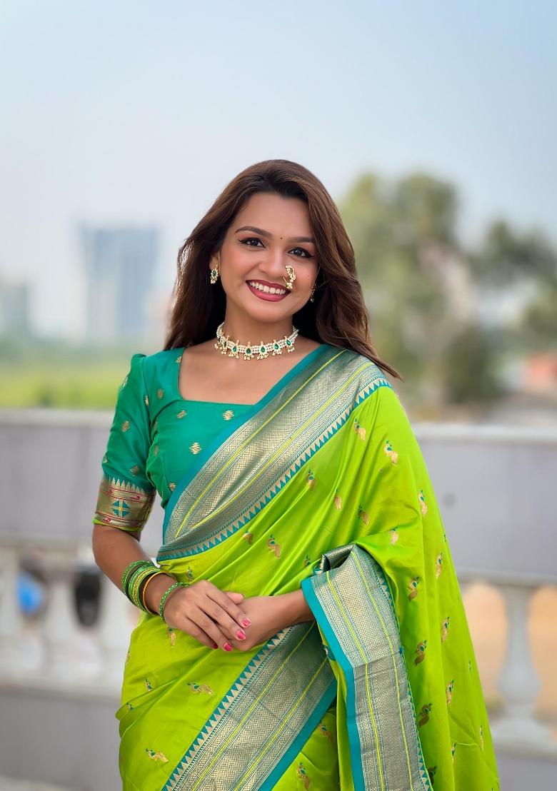 Green Zari Woven Silk Saree Set - Indya