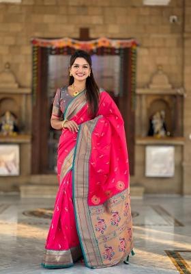 Pink Zari Woven Silk Saree Set