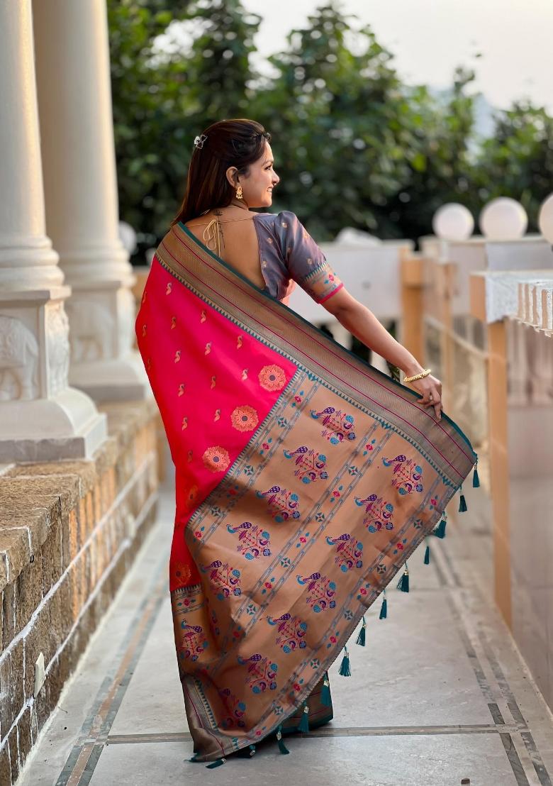 Pink Zari Woven Silk Saree Set - Indya
