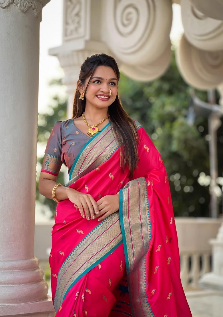 Pink Zari Woven Silk Saree Set - Indya