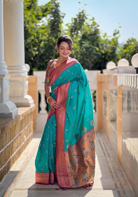 Rama Green Zari Woven Silk Saree Set — view on Indya