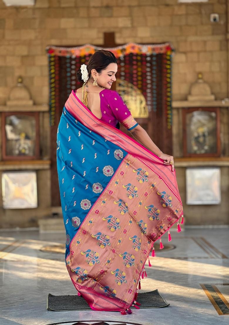 Sky Blue Zari Woven Silk Saree Set - Indya