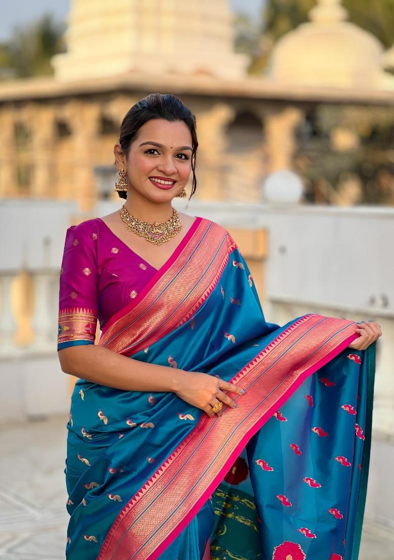 Sky Blue Zari Woven Silk Saree Set - Indya