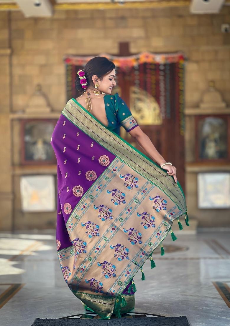 Wine Zari Woven Silk Saree Set - Indya