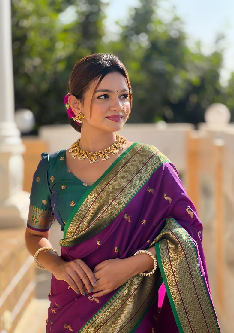 Wine Zari Woven Silk Saree Set - Indya