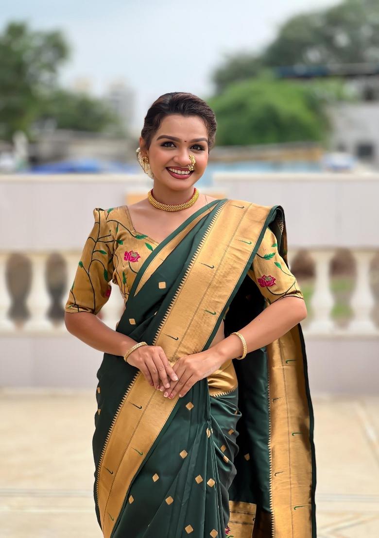 Green Zari Woven Silk Saree Set - Indya