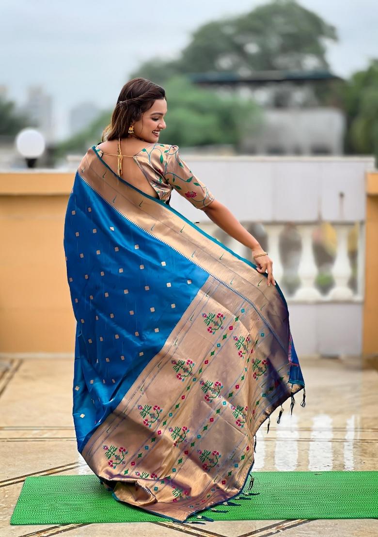 Turquoise Zari Woven Silk Saree Set - Indya