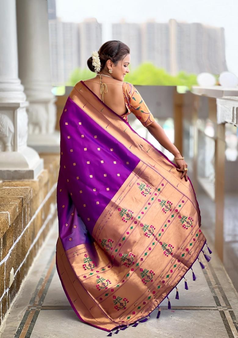 Magenta Zari Woven Silk Saree Set - Indya
