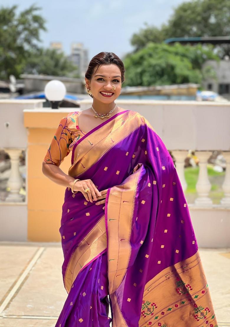 Magenta Zari Woven Silk Saree Set - Indya